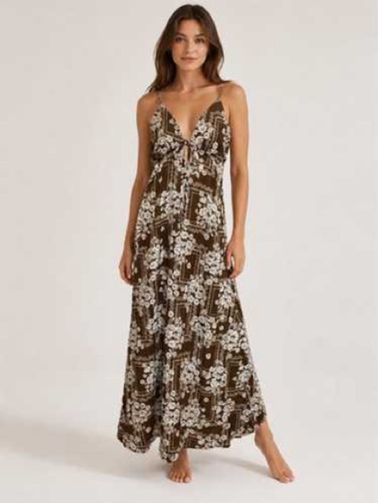 Paper Heart Dresses & Skirts - Anthropologie Paper Heart Botanical Stamp Brown Maxi Dress Spaghetti Straps L‎